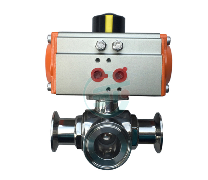 Pneumatic three-way sanitary ball valve